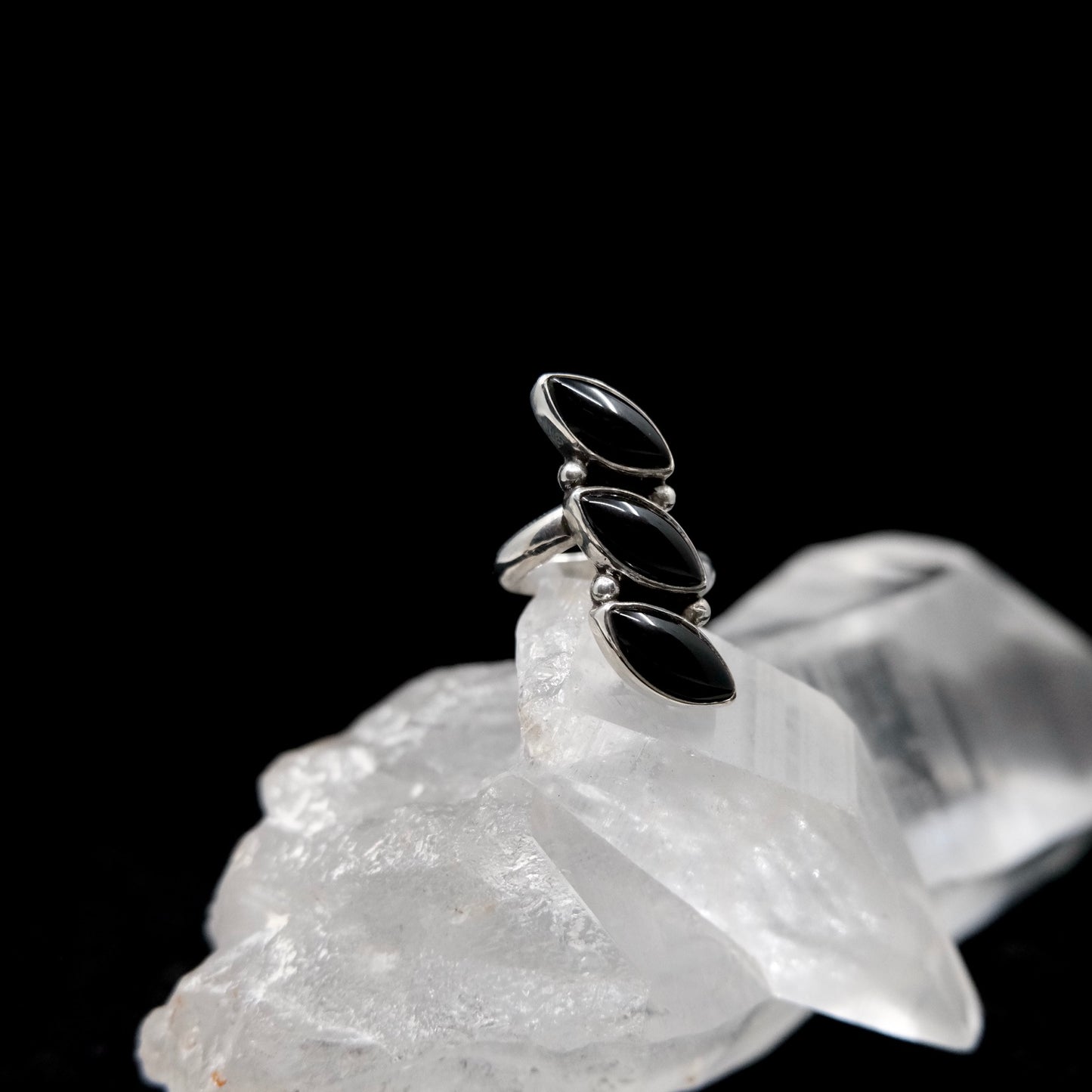 Triple Onyx Marquise Ring {8}