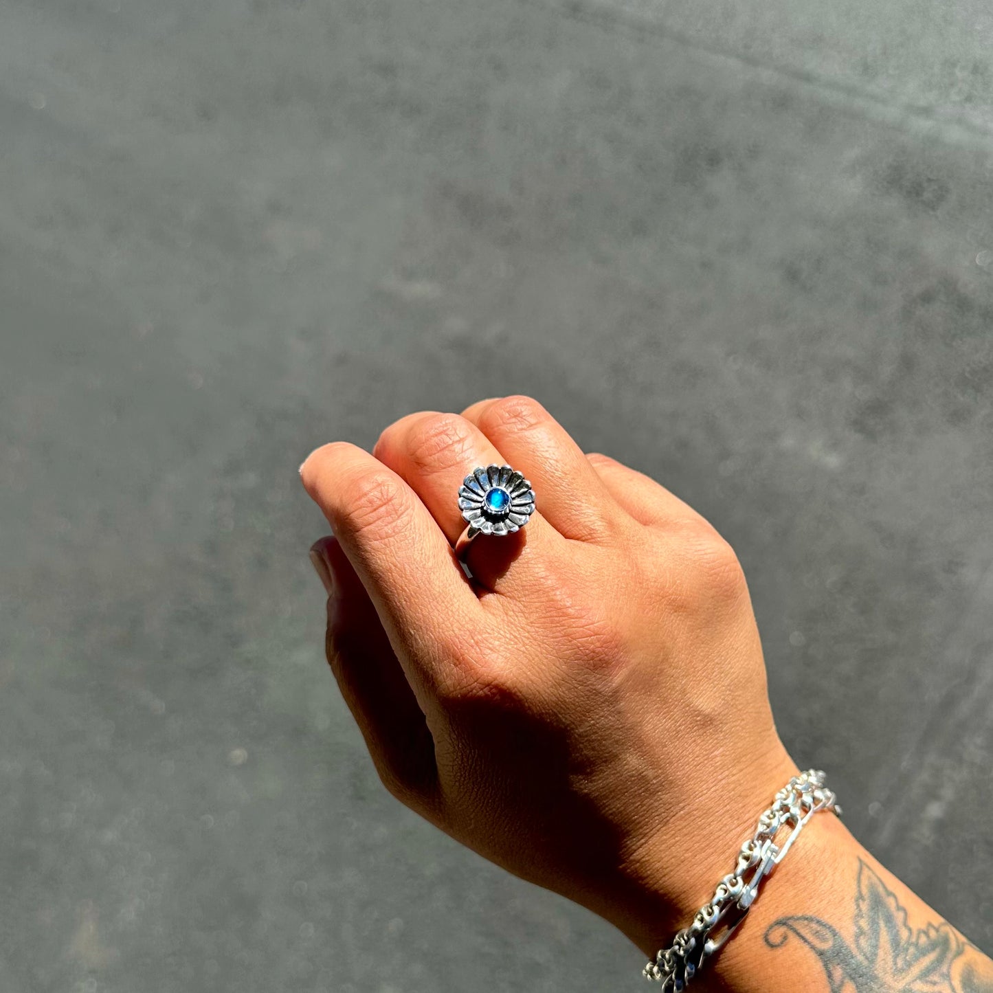 Daisy Ring with Rainbow Moonstone {8}