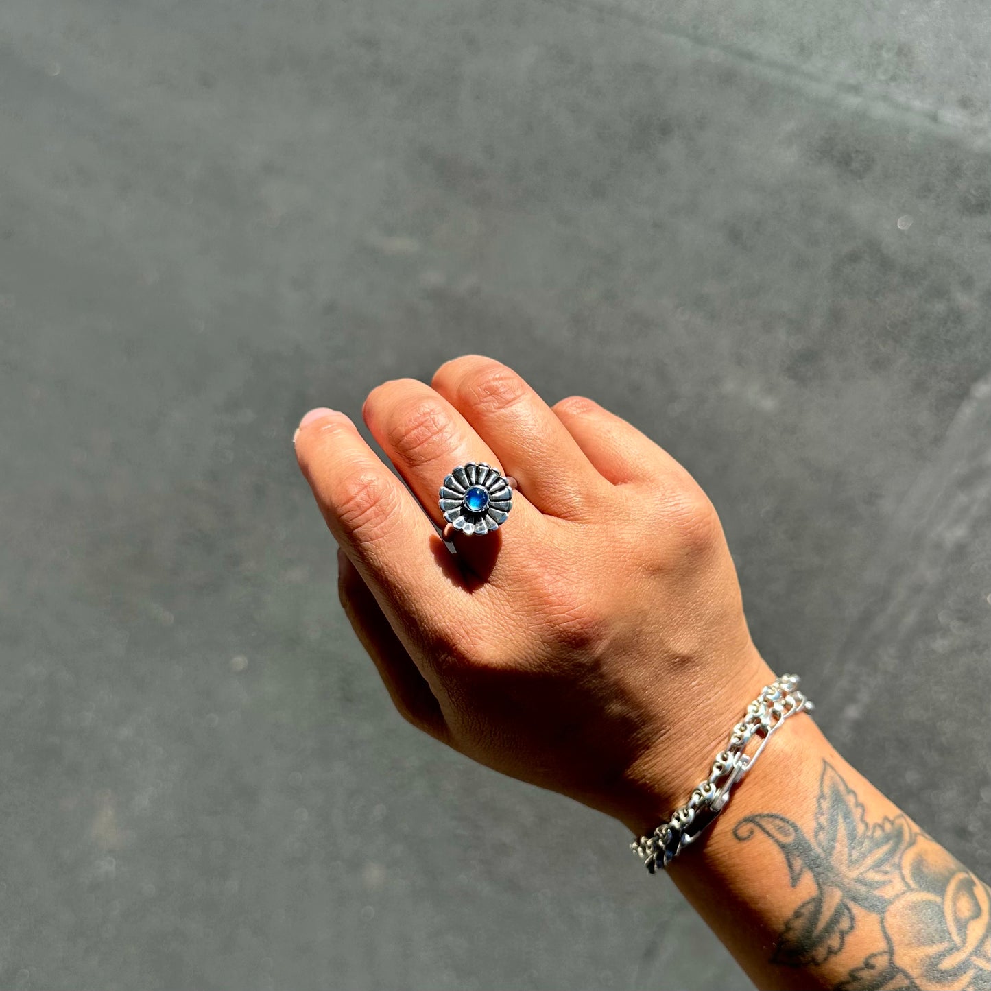 Daisy Ring with Rainbow Moonstone {8}