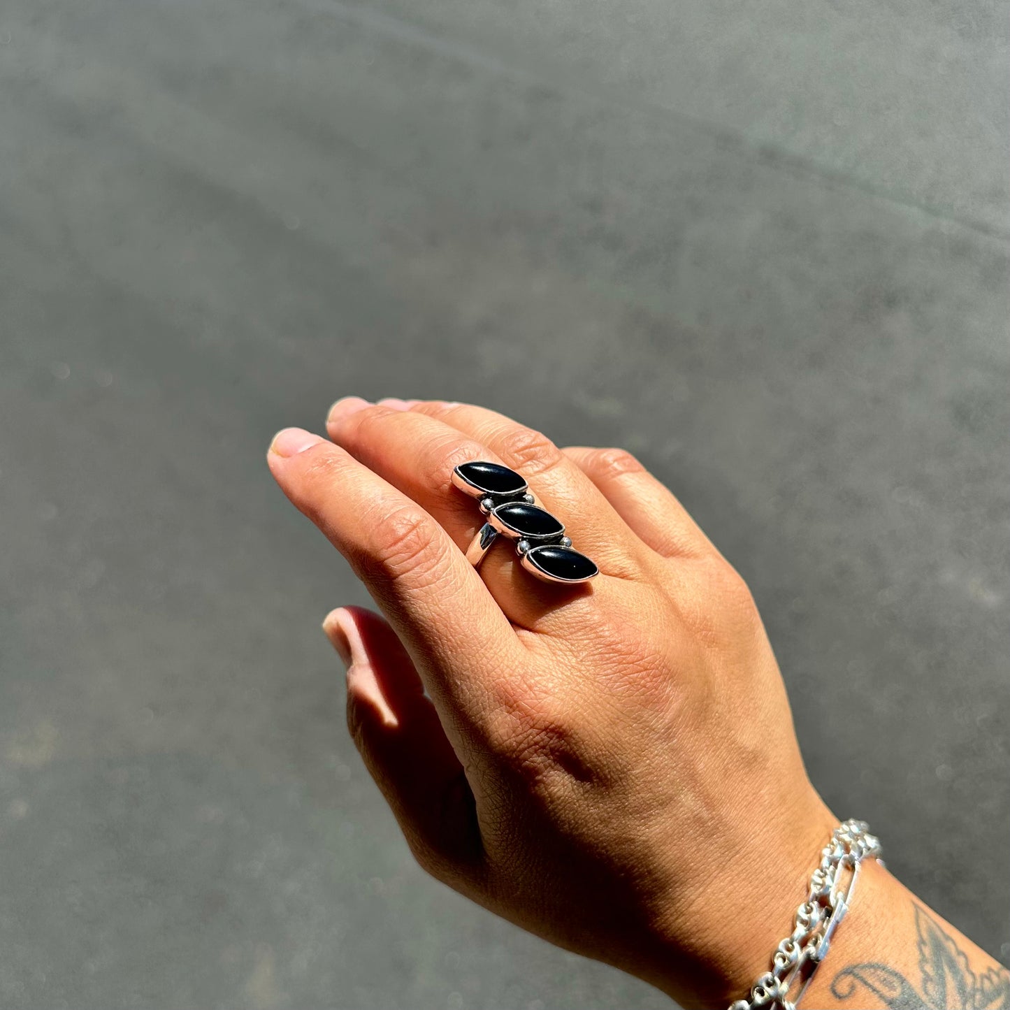 Triple Onyx Marquise Ring {8}