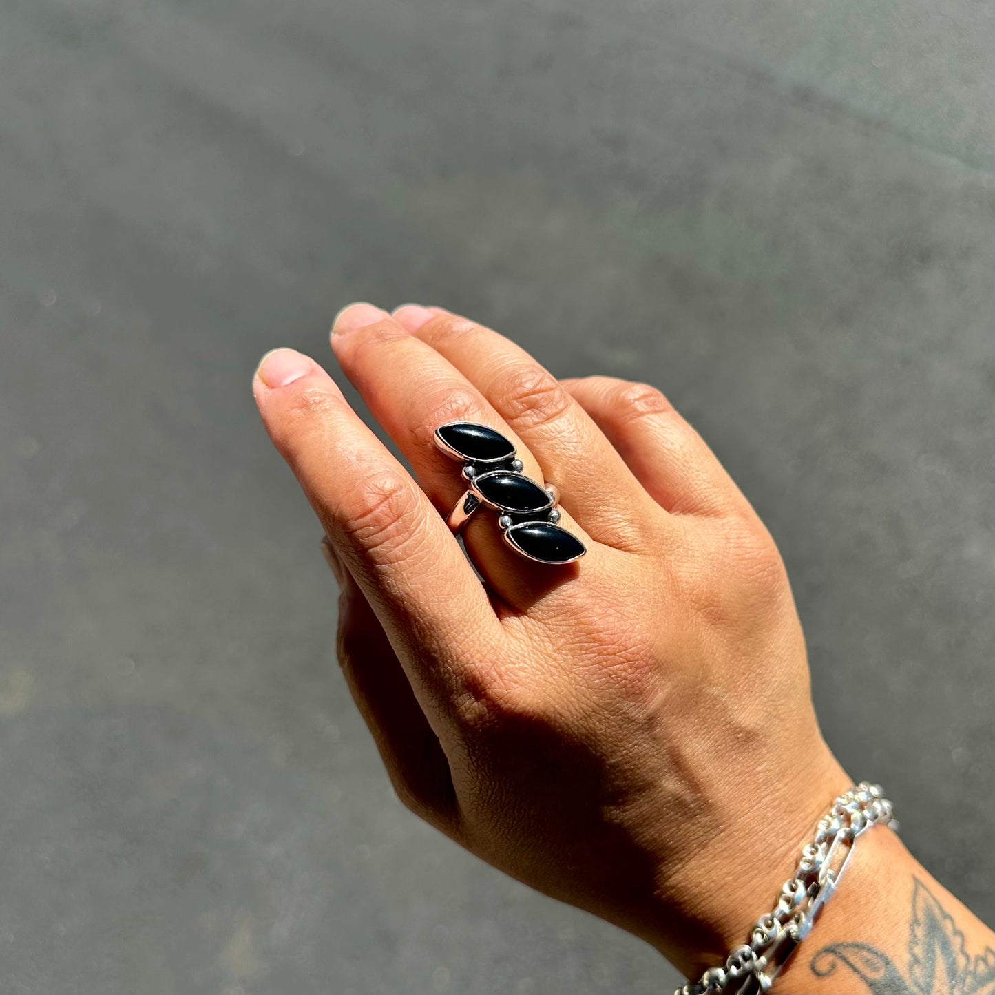 Triple Onyx Marquise Ring {8}