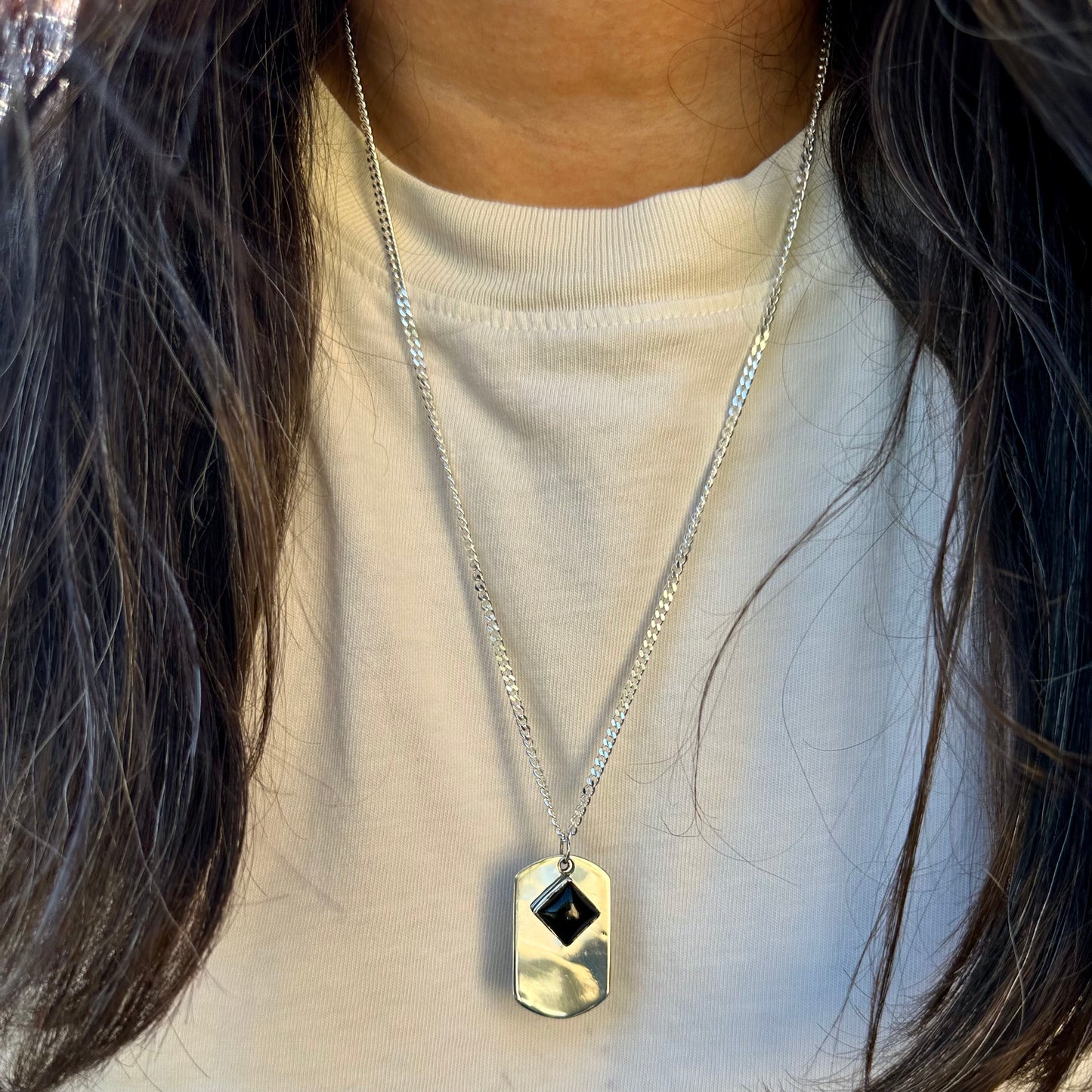 Dog Tag Necklace with Onyx Charm