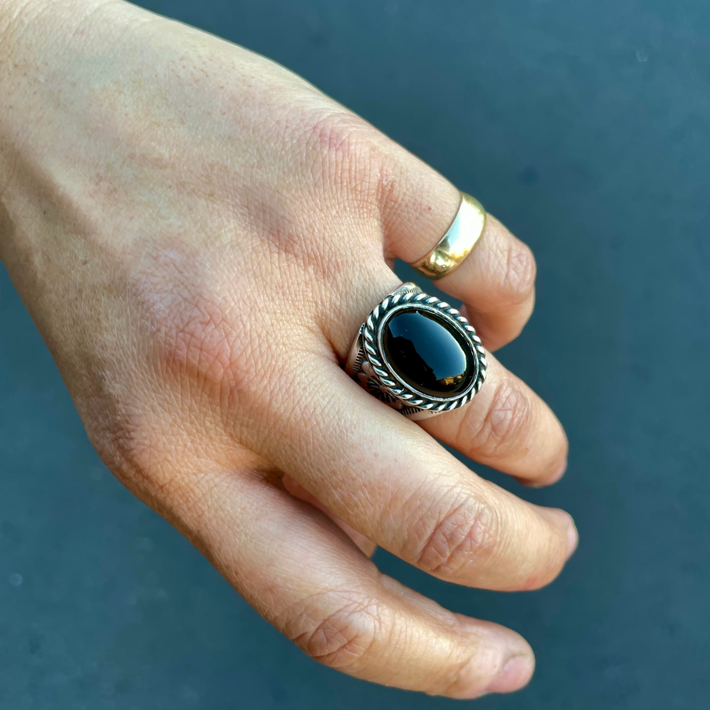 Onyx Stamped Band Ring {6.5-7}