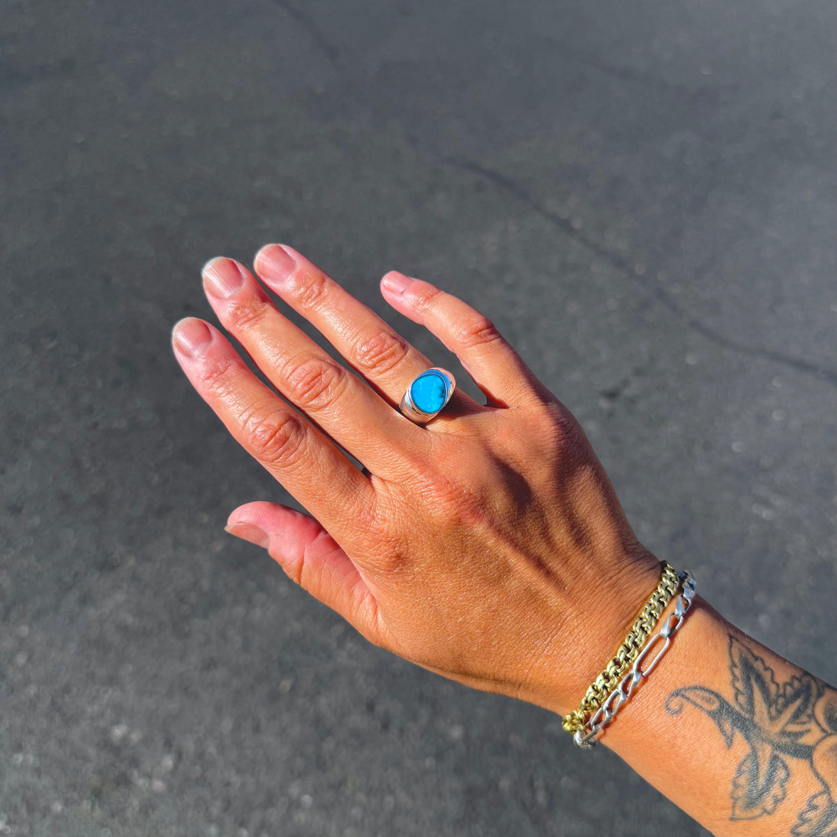 Kingman Turquoise Freeform Signet Ring {7}